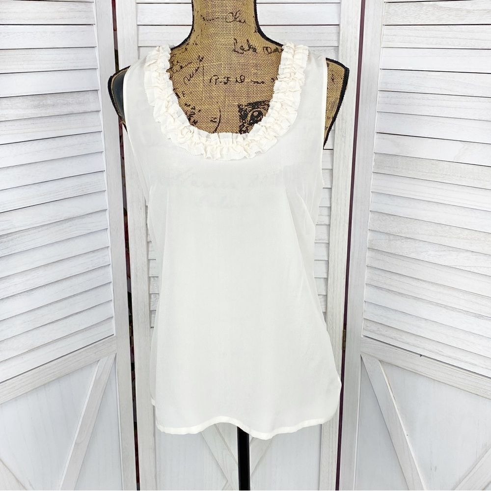 Halogen Ruffle Trim Neck Sheer Silk‎ Sleeveless Top Cream Small